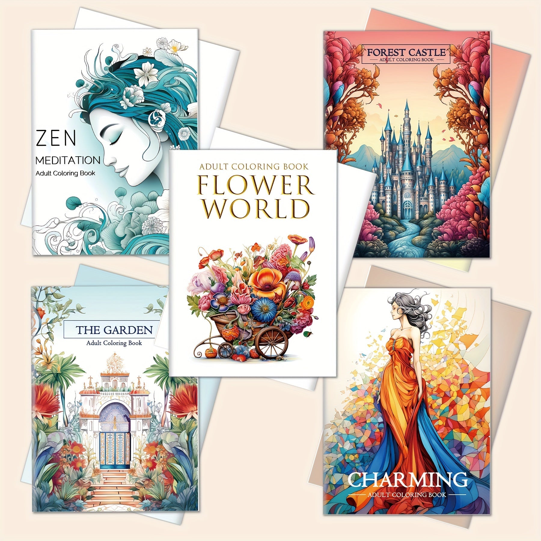 Zen-Inspired Adult Coloring Book Set of 5 - Forest Castle & Floral Garden Themes, 32 Pages Each - Premium Quality Paper for Relaxation and Relax