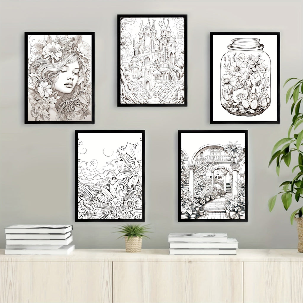 Zen-Inspired Adult Coloring Book Set of 5 - Forest Castle & Floral Garden Themes, 32 Pages Each - Premium Quality Paper for Relaxation and Relax