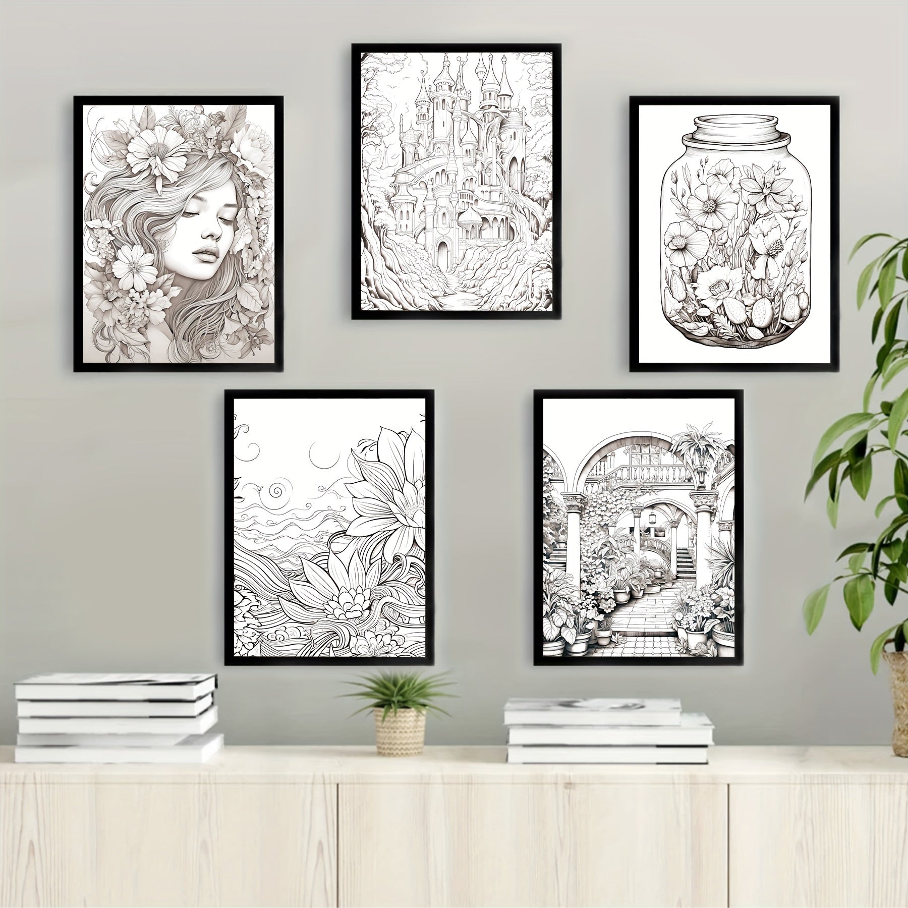 Zen-Inspired Adult Coloring Book Set of 5 - Forest Castle & Floral Garden Themes, 32 Pages Each - Premium Quality Paper for Relaxation and Relax