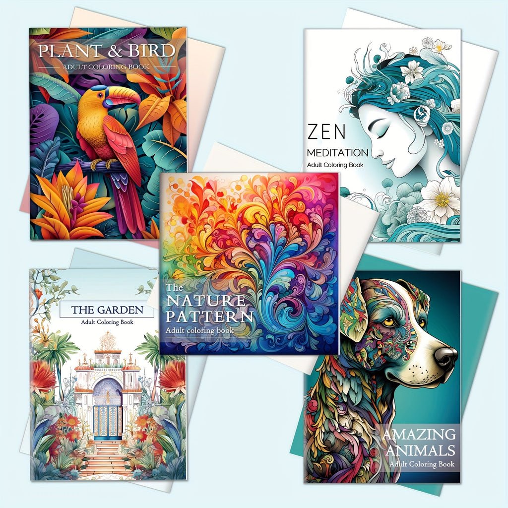 5 Packs of Deluxe Adult Coloring Book Set - Sketchbooks & Notebooks with High-Quality Paper, Nature, Garden, Animals, Zen, Plant & Bird Themes, Perfect Gift for Relaxation and Creativity
