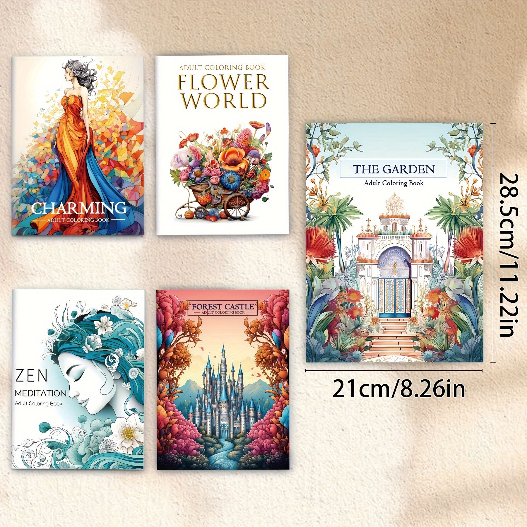 Zen-Inspired Adult Coloring Book Set of 5 - Forest Castle & Floral Garden Themes, 32 Pages Each - Premium Quality Paper for Relaxation and Relax