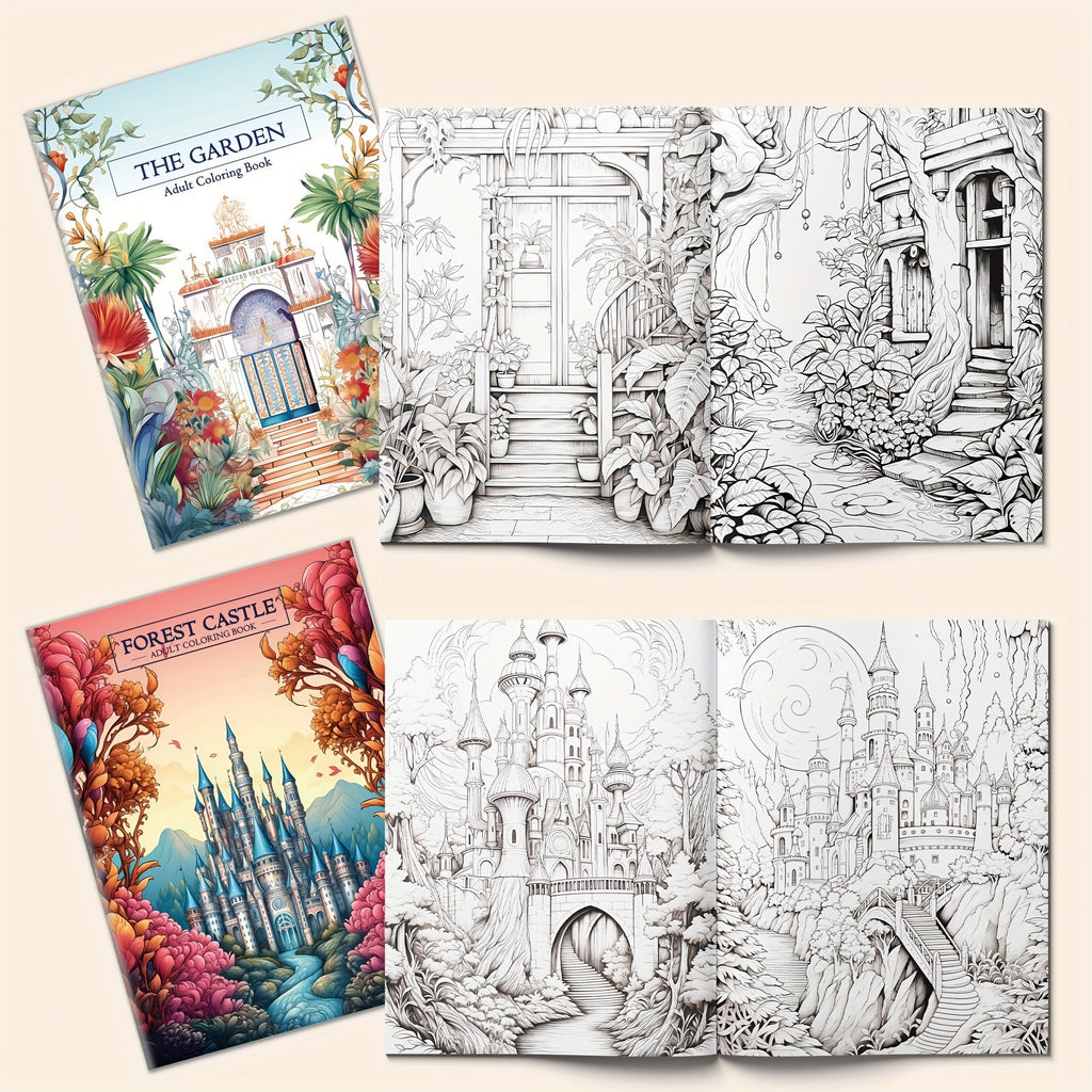 Zen-Inspired Adult Coloring Book Set of 5 - Forest Castle & Floral Garden Themes, 32 Pages Each - Premium Quality Paper for Relaxation and Relax
