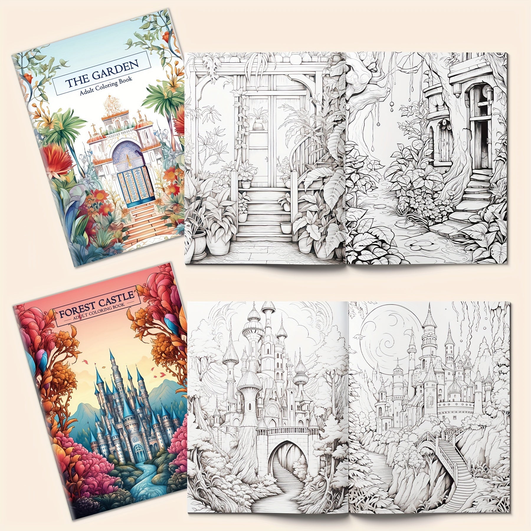 Zen-Inspired Adult Coloring Book Set of 5 - Forest Castle & Floral Garden Themes, 32 Pages Each - Premium Quality Paper for Relaxation and Relax