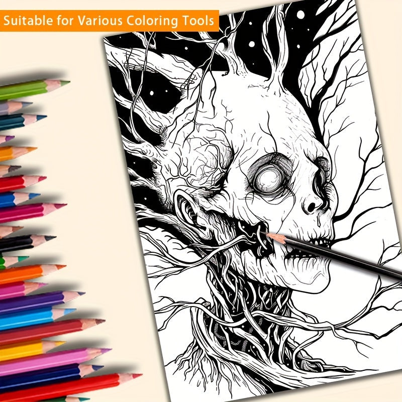 22-Page Spooky Horror Grayscale Coloring Book for Adults - Perfect for Halloween, Birthday, or Any Spooky Occasion with Various Coloring Tools - Relaxing and Therapeutic Coloring Experience