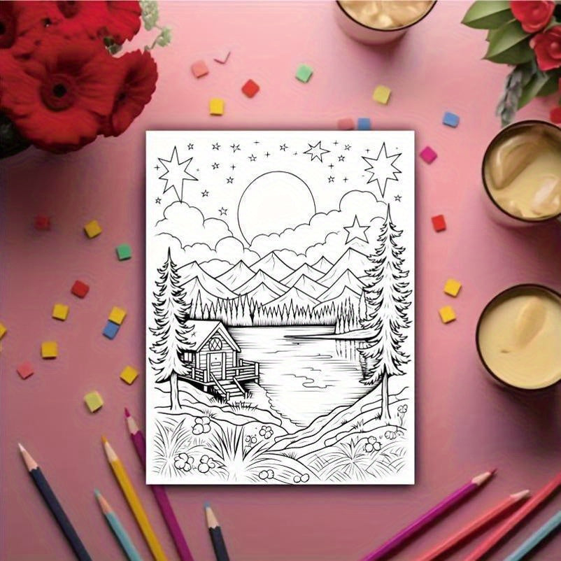 Cabin by the Lake A4 Coloring Book for Adults - 32 Pages, Relax & Relaxation, Perfect Gift for Birthdays, Holidays & Special Occasions