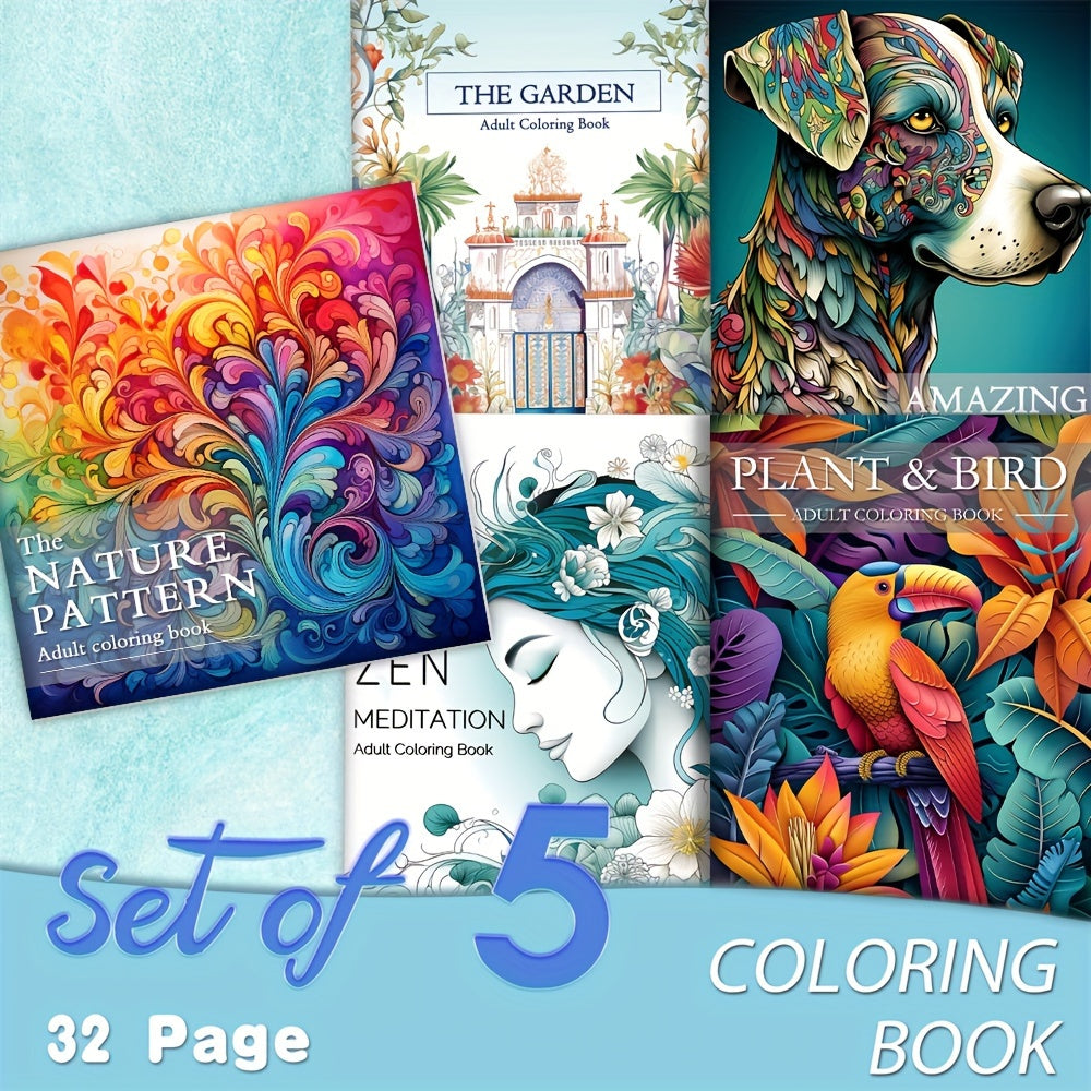 5 Packs of Deluxe Adult Coloring Book Set - Sketchbooks & Notebooks with High-Quality Paper, Nature, Garden, Animals, Zen, Plant & Bird Themes, Perfect Gift for Relaxation and Creativity