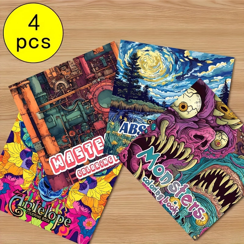 4pc, coloring pages (20 pages, thickened paper, single-sided printing, original)(abstract landscape, monsters, animal mandala, waste earth) Coloring book, perfect gift for family and friends, a good way to relax yourself, rel