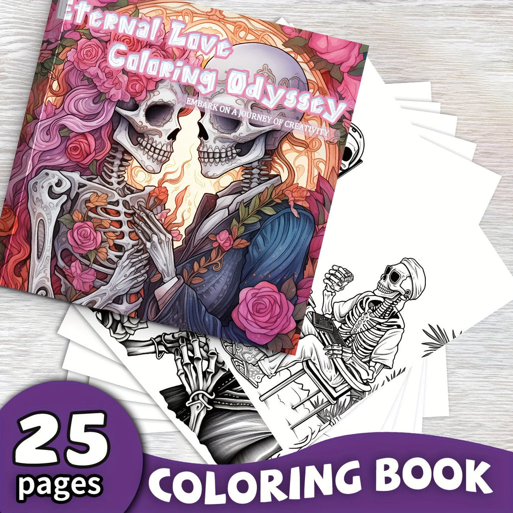 1pc Unique Skeleton's Love Story Themed Coloring Book - Drawing - Vibrant, Upgraded, Thicker 25-Page Paper, 7.87x7.87in, Best Gift for Christmas, Halloween, Holiday Party, Relaxation, and Creative Expression