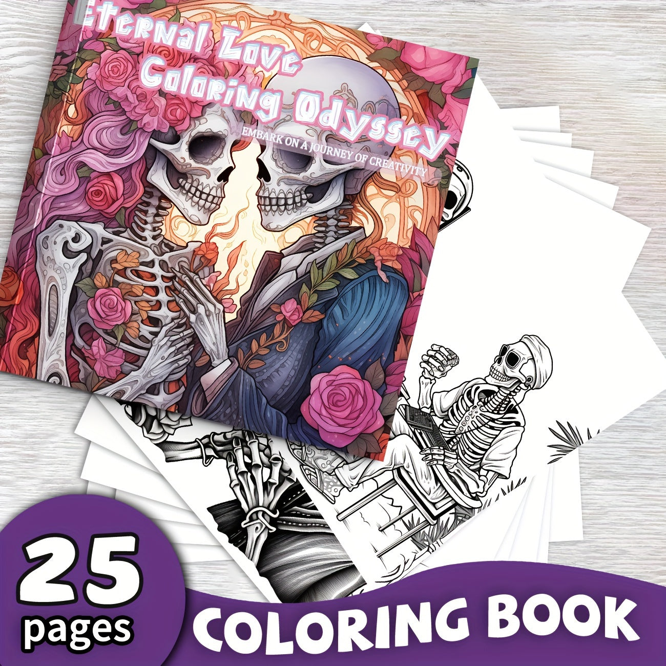1pc Unique Skeleton's Love Story Themed Coloring Book - Drawing - Vibrant, Upgraded, Thicker 25-Page Paper, 7.87x7.87in, Best Gift for Christmas, Halloween, Holiday Party, Relaxation, and Creative Expression