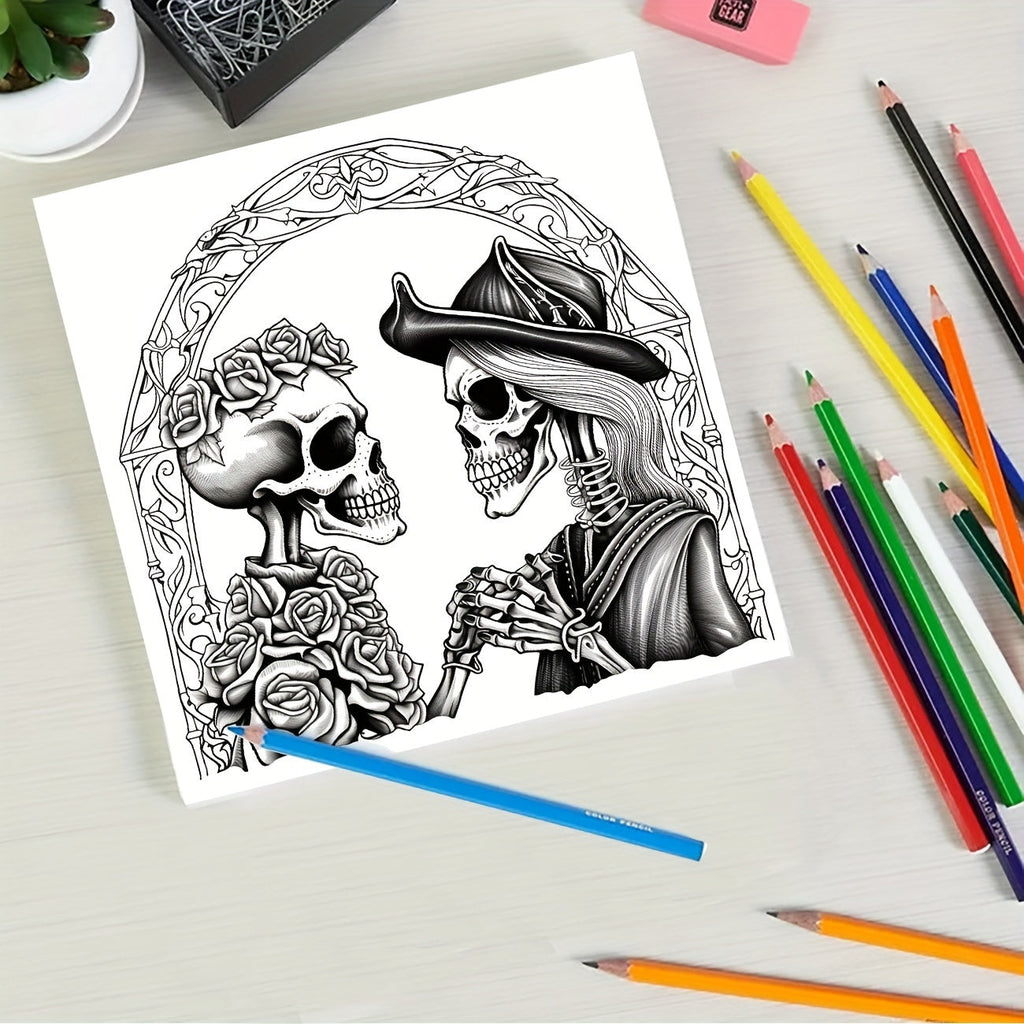 1pc Unique Skeleton's Love Story Themed Coloring Book - Drawing - Vibrant, Upgraded, Thicker 25-Page Paper, 7.87x7.87in, Best Gift for Christmas, Halloween, Holiday Party, Relaxation, and Creative Expression