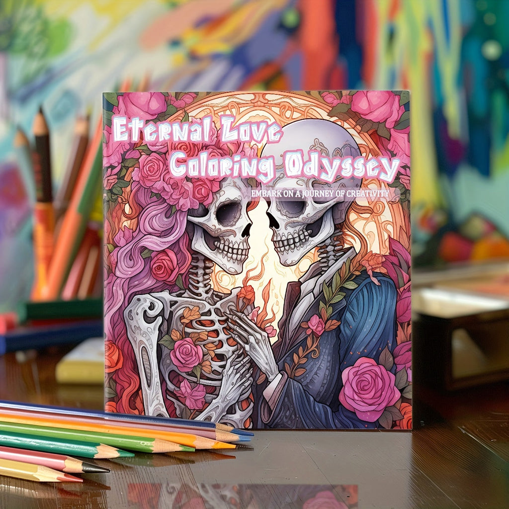 1pc Unique Skeleton's Love Story Themed Coloring Book - Drawing - Vibrant, Upgraded, Thicker 25-Page Paper, 7.87x7.87in, Best Gift for Christmas, Halloween, Holiday Party, Relaxation, and Creative Expression