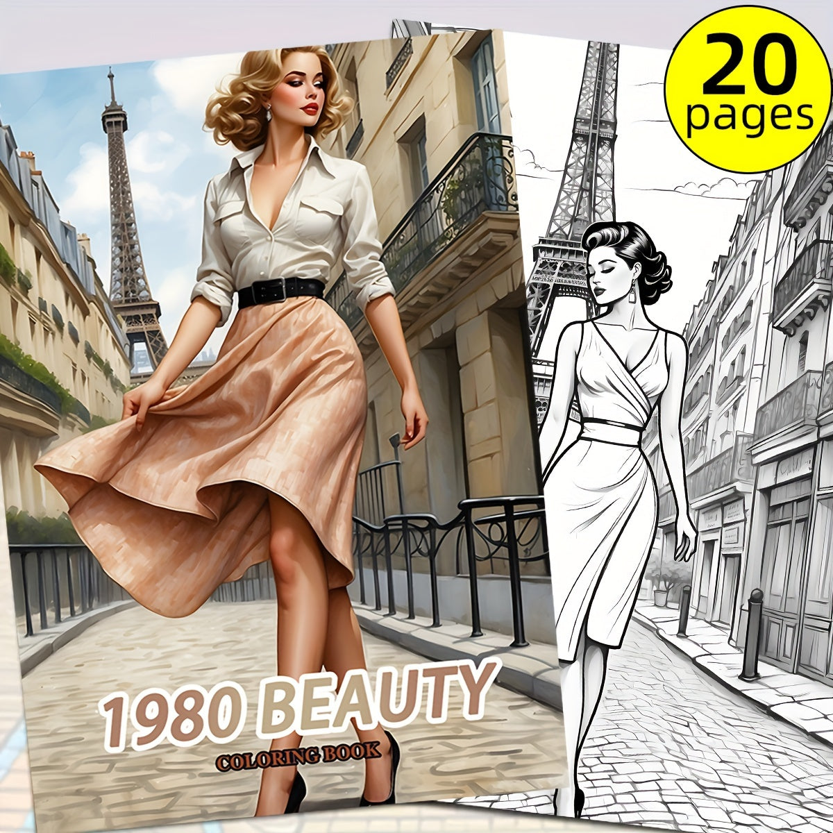1980 Beauty Coloring Book for Adults - Original Upgraded Version with 20 Thick Pages - Vintage Fashion Themed Sketchbook for Relaxation - Ideal New Year, Holiday Party Gift for Couples, Friends, Colleagues, Family