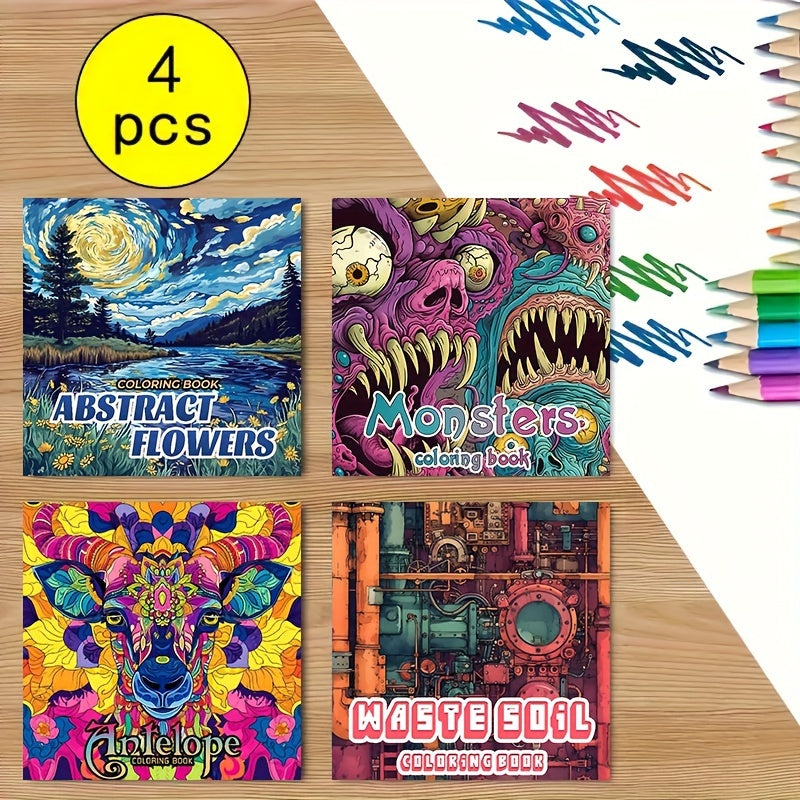 4pc, coloring pages (20 pages, thickened paper, single-sided printing, original)(abstract landscape, monsters, animal mandala, waste earth) Coloring book, perfect gift for family and friends, a good way to relax yourself, rel