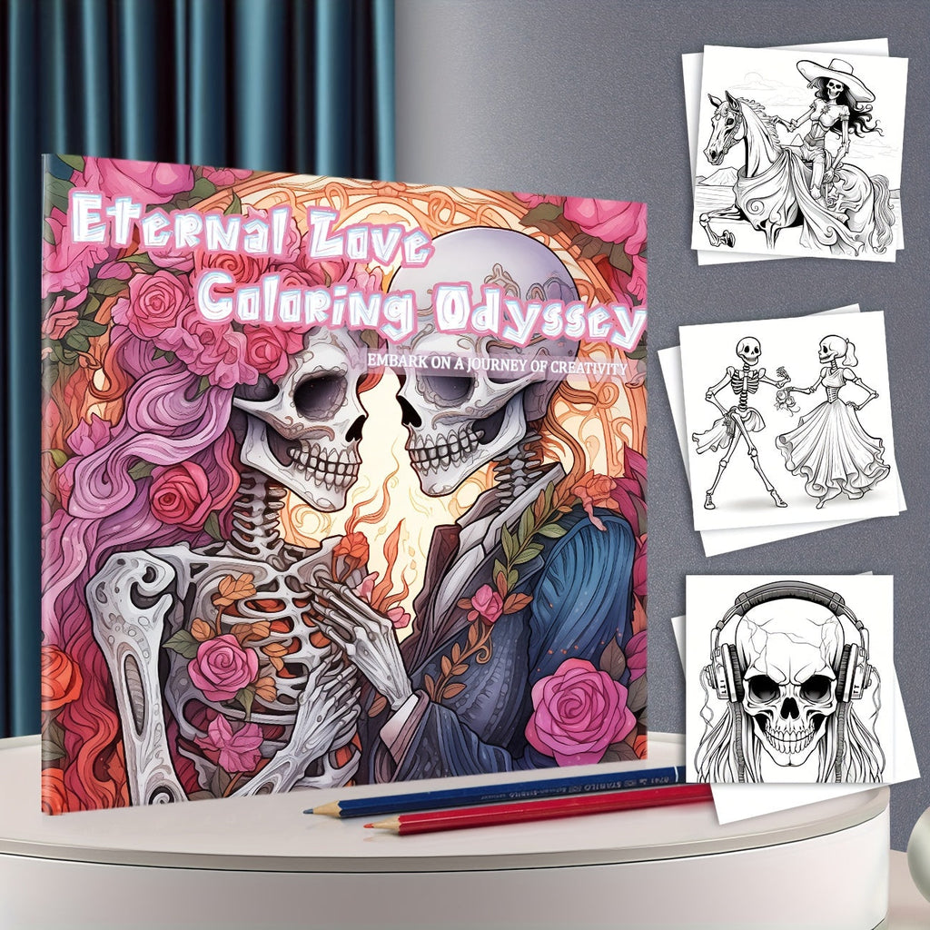 1pc Unique Skeleton's Love Story Themed Coloring Book - Drawing - Vibrant, Upgraded, Thicker 25-Page Paper, 7.87x7.87in, Best Gift for Christmas, Halloween, Holiday Party, Relaxation, and Creative Expression