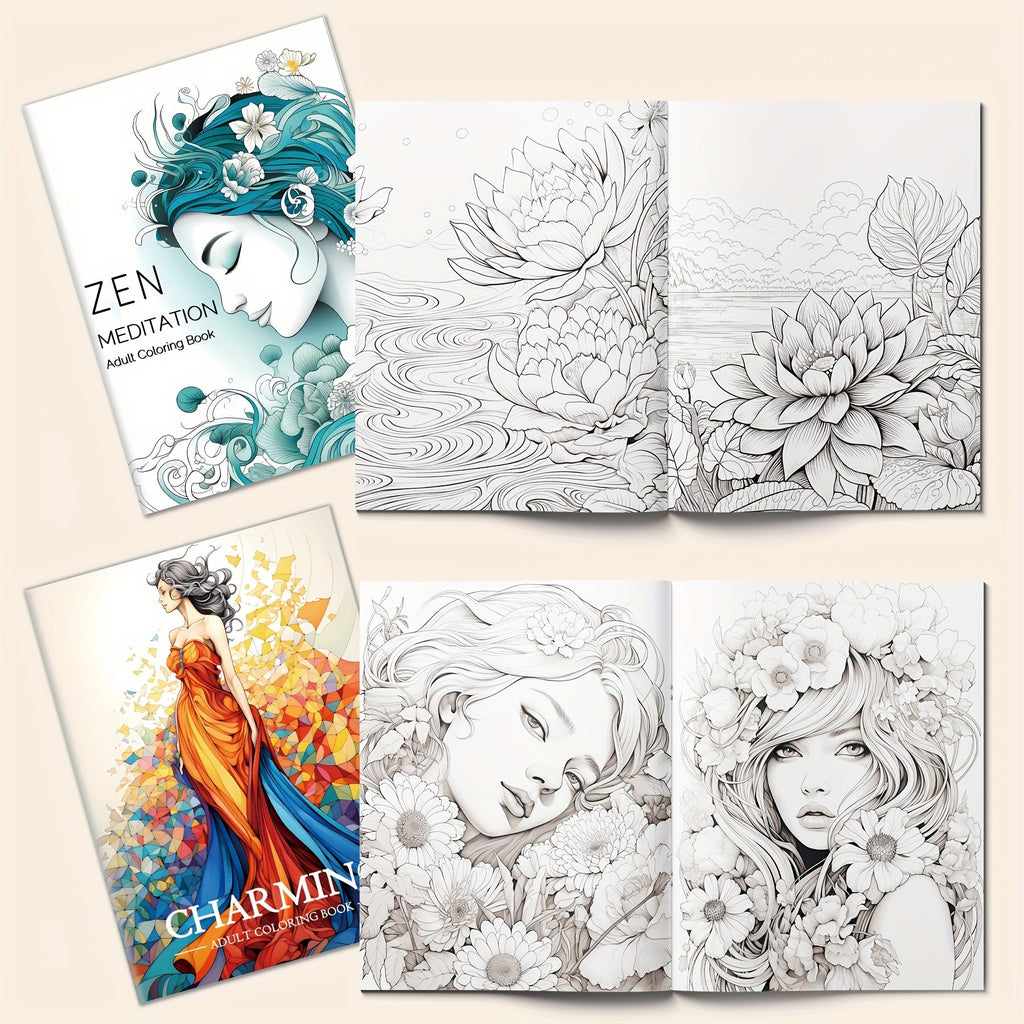 Zen-Inspired Adult Coloring Book Set of 5 - Forest Castle & Floral Garden Themes, 32 Pages Each - Premium Quality Paper for Relaxation and Relax