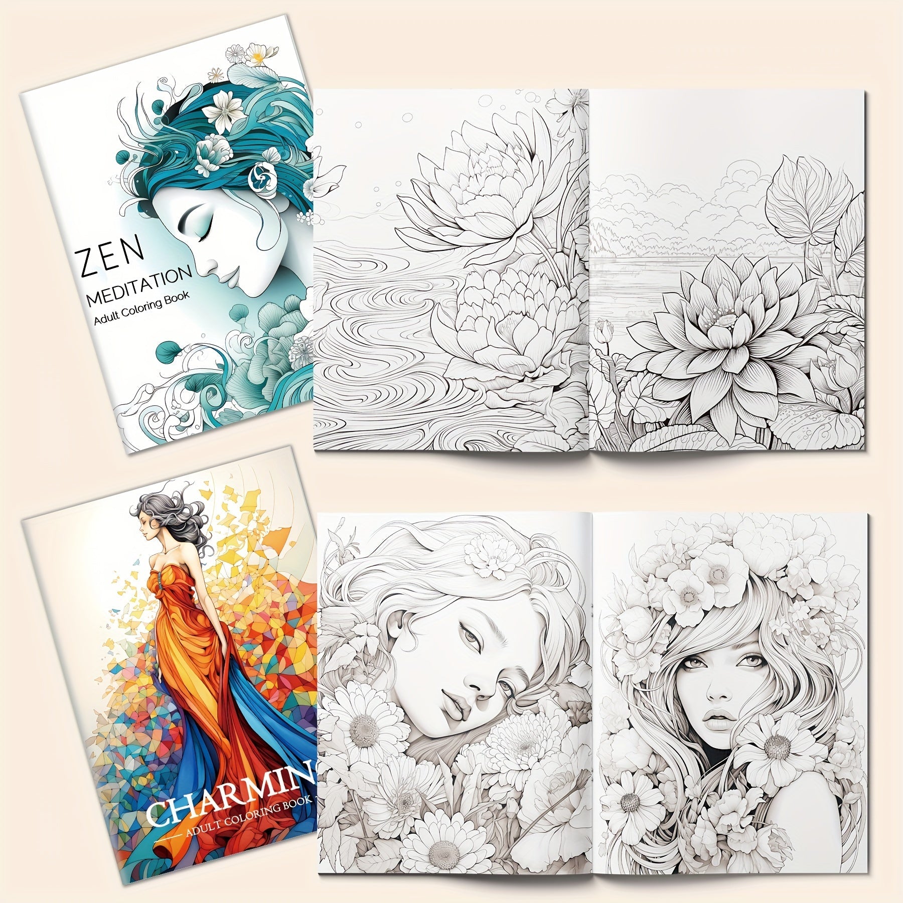 Zen-Inspired Adult Coloring Book Set of 5 - Forest Castle & Floral Garden Themes, 32 Pages Each - Premium Quality Paper for Relaxation and Relax