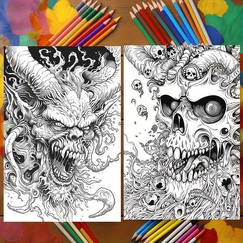 22-Page Spooky Horror Grayscale Coloring Book for Adults - Perfect for Halloween, Birthday, or Any Spooky Occasion with Various Coloring Tools - Relaxing and Therapeutic Coloring Experience